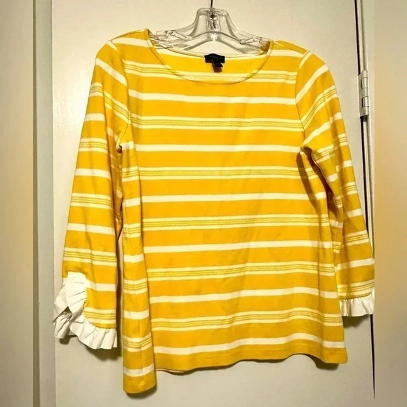 Ann Taylor Womens Yellow Striped 3/4 Sleeve Ruffle Cuff T-Shirt Size M - Picture 1 of 5